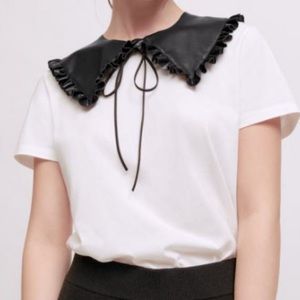 Maje White T-Shirt with Removable Black Leather Collar